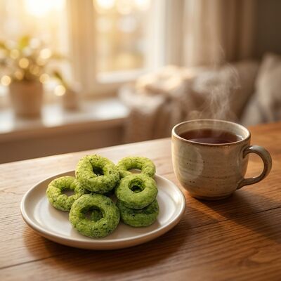 Matcha Crispy Rings - orzeźwiająca mieszanka Matcha i ziaren, lekka chrupiąca przekąska w kształcie pierścienia, bez poczucia winy, wszechstronna na każdą okazję