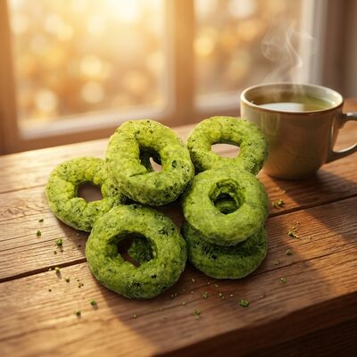 Matcha Crispy Rings - orzeźwiająca mieszanka Matcha i ziaren, lekka chrupiąca przekąska w kształcie pierścienia, bez poczucia winy, wszechstronna na każdą okazję