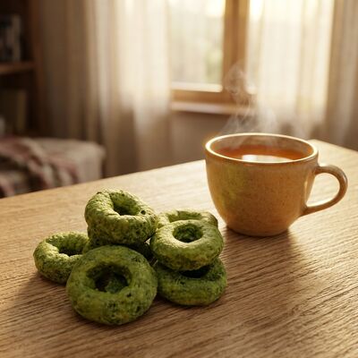 Matcha Crispy Rings - orzeźwiająca mieszanka Matcha i ziaren, lekka chrupiąca przekąska w kształcie pierścienia, bez poczucia winy, wszechstronna na każdą okazję